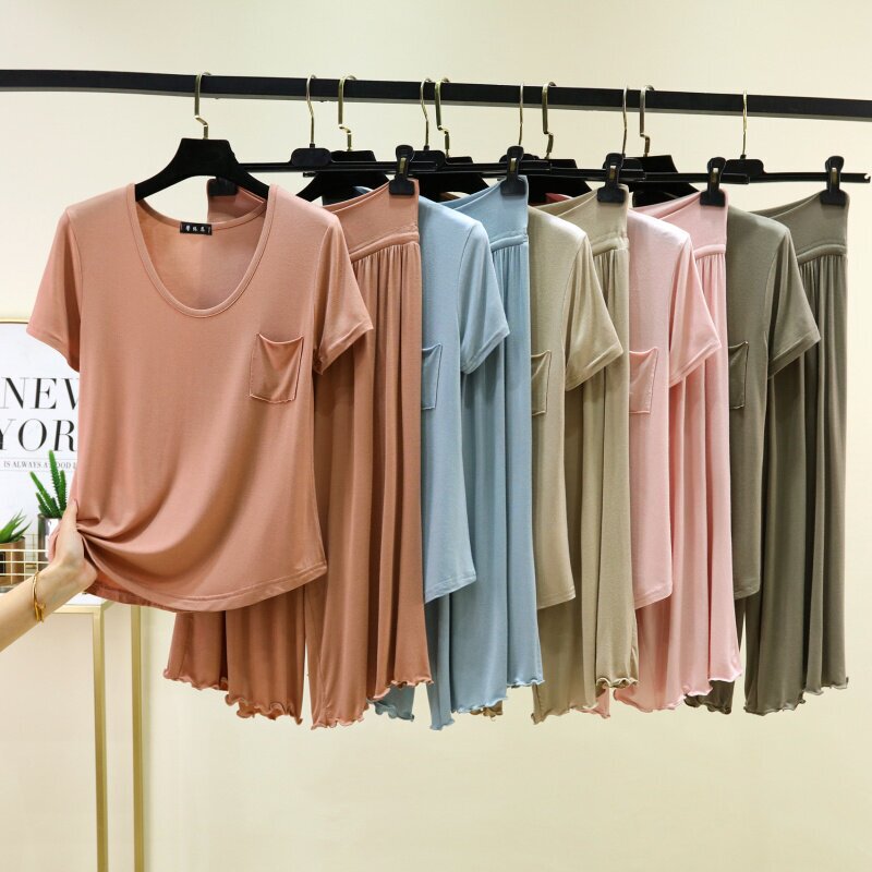 Modal Round Neck Short-Sleeved T-Shirt and Cropped Pants Set for Women, Summer Loose Pajamas, Sleep Pants, Home Wear Two-Piece Set