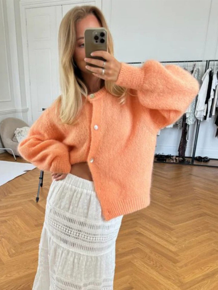 Áo cardigan len dệt kim dáng mỏng nhẹ cài nút một hàng, tay dài cổ tròn nữ — hoa hồng đỏ, màu be, màu cam, màu hoa cà chi tiết 75