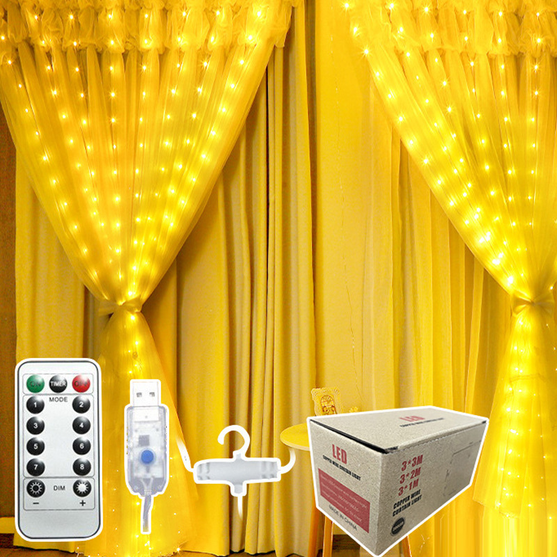 Transfronteriza venta caliente LED línea de cuero 3*3m cortina de navidad cadena de luz de baja tensión USB control remoto ocho función cortina decoración de fondo
