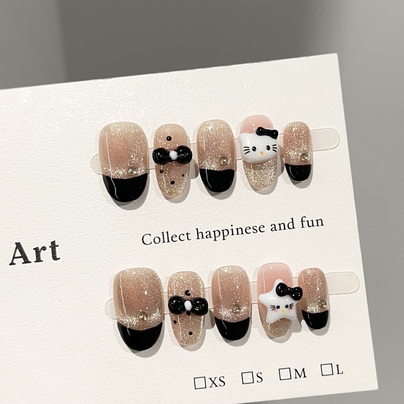 Purely Handmade Wearable Nails with a High-End Feel, Gold Cat-Eye Short Nail Tips, Black Bow Kt Cat Fake Nail Stickers