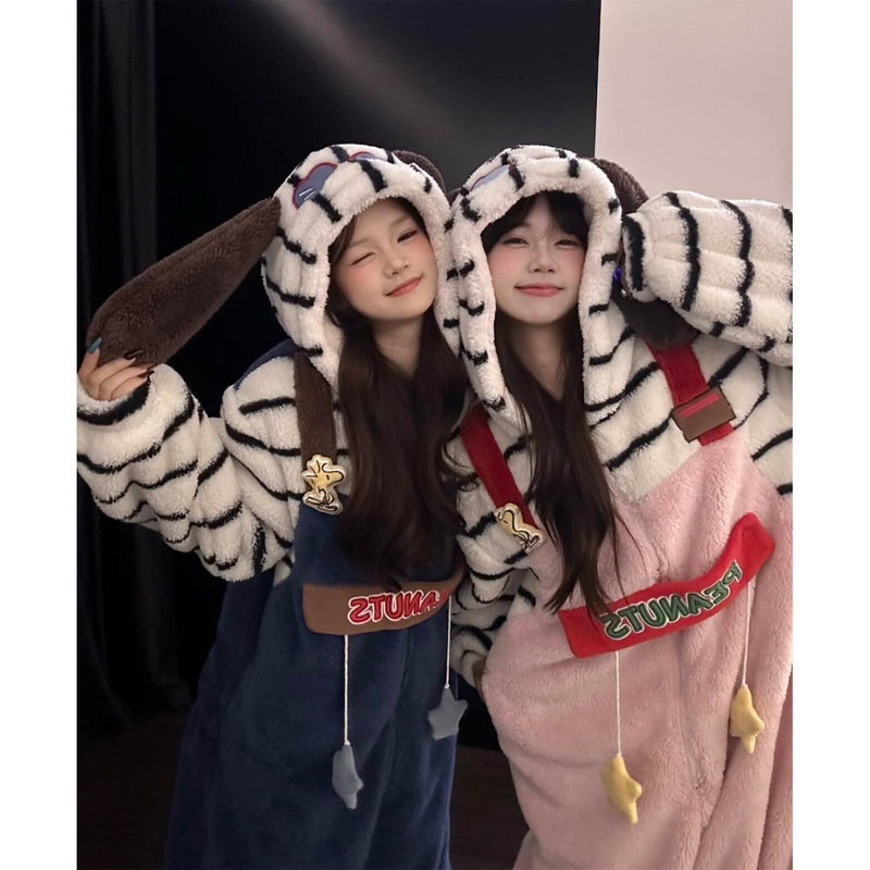 可爱小狗连帽半边绒连体睡衣女2025冬季加厚保暖家居服一体式套装|undefined