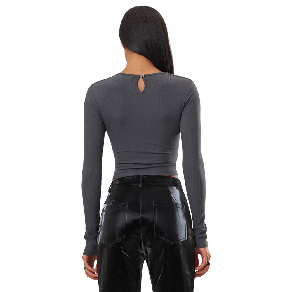 Long-Sleeved Solid Color Hollow Round Neck Slim-Fit Top NSSMX112504