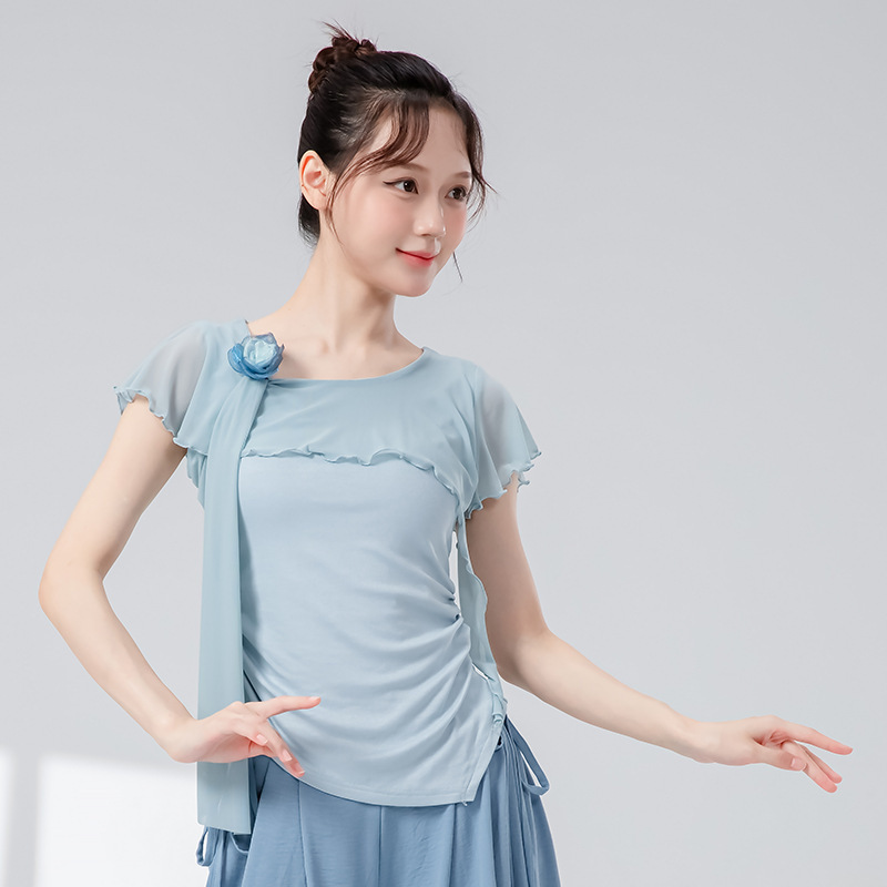 古典舞身韵新款花朵网纱拼接上衣中国舞现代舞形体舞蹈练功服纱衣|undefined