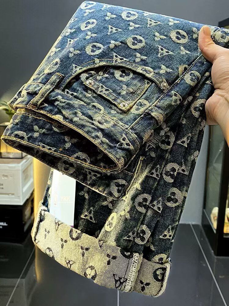 Men's Vintage Washed Denim Jacquard Printed Pants Straight-Leg Cut Retro High Street Aesthetic Jeans_mkmklike.com