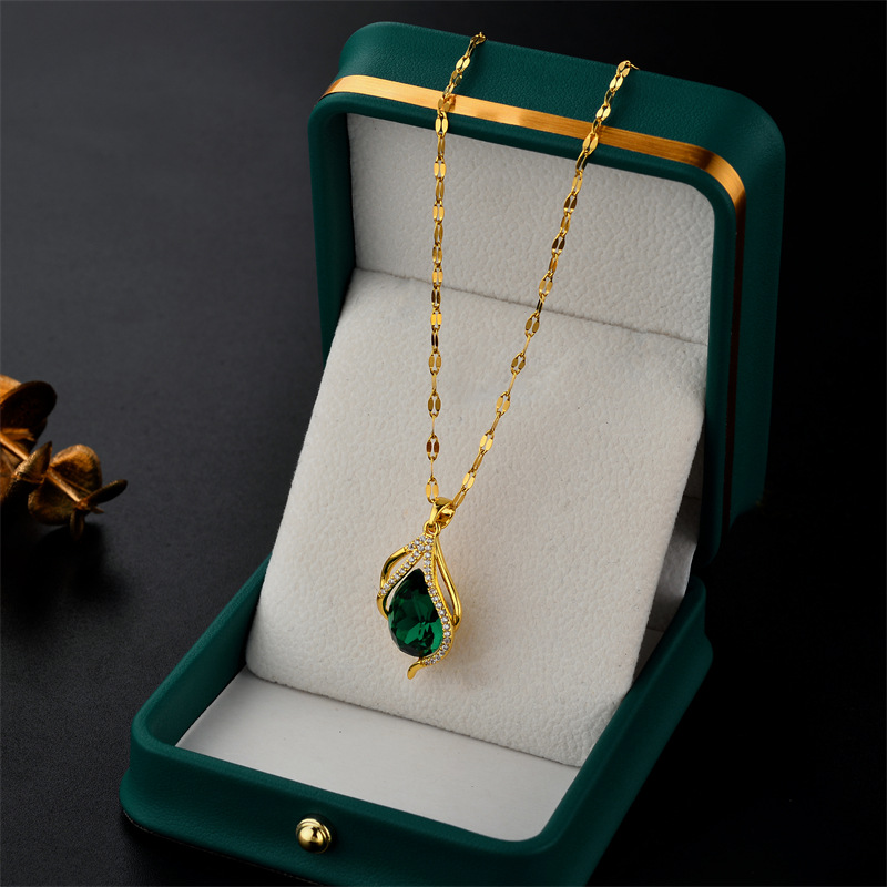 Unisex Hot Sale Fashion Korean Version Micro inlaid Zircon Water Drop Pendant Titanium Steel Clavicle Chain Jewelry_voghion.com