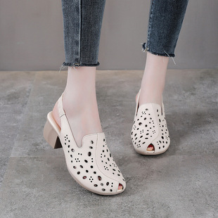 Summer New Genuine Leather Vintage Hollow Pee-mouth Sandals Women's Thick Mid-heel Slip-on Top-layer Cowhide Casual Cave Shoes