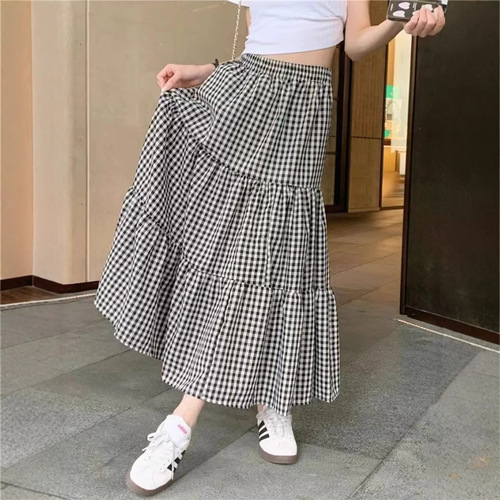 2025 Grid-Styled Long Dress for Women, Summer High-Waist Large-Breasted Umbrella Skirt A-Line Slimming Retro Checkered Semi-Costume Dress
