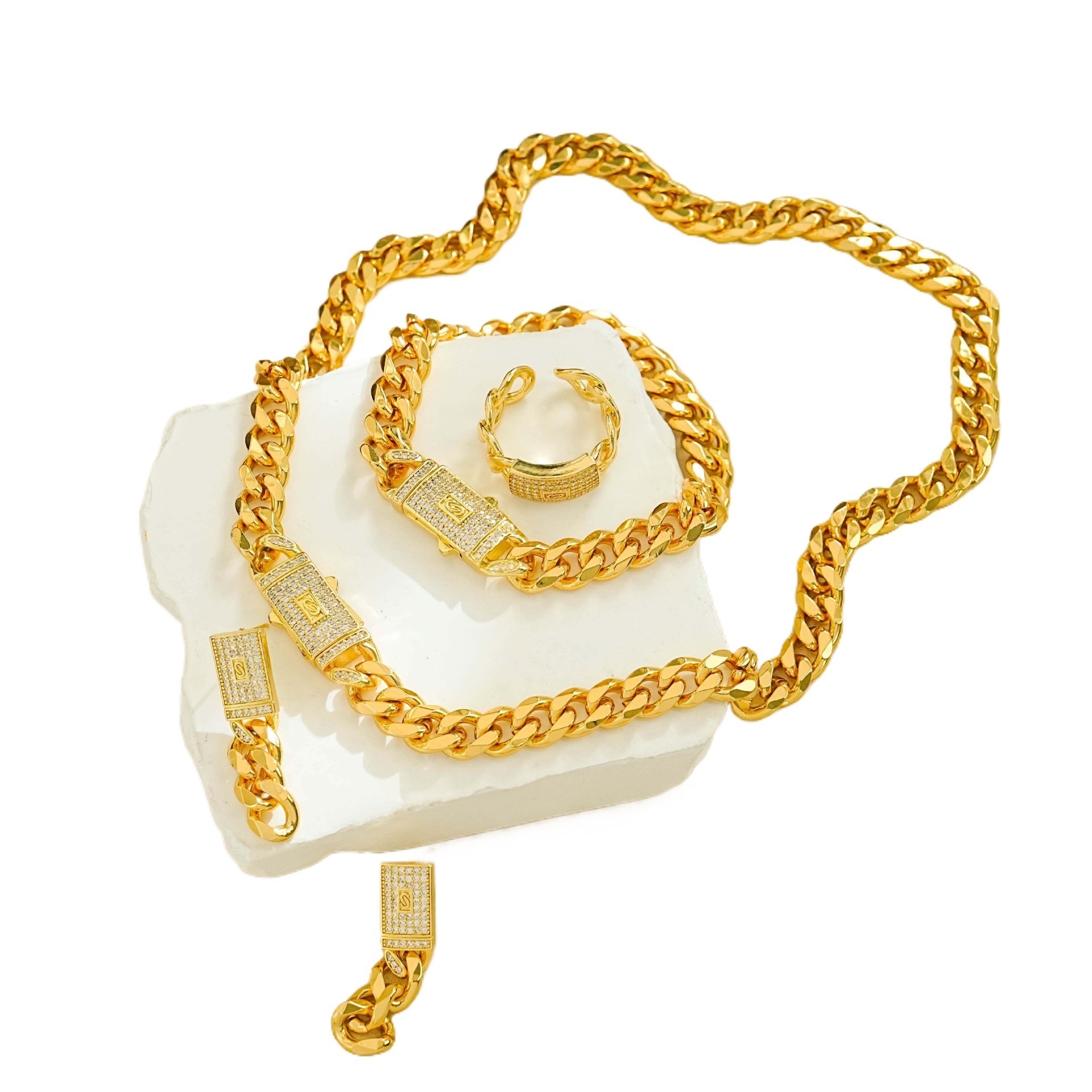 Cuban Link Necklace Earrings And Ring Set For Women Luxury Style_voghion.com