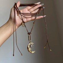 老钱风~中古金色月亮八芒星吊坠项链金属小众独特个性长款毛衣链