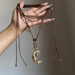 老钱风~中古金色月亮八芒星吊坠项链金属小众独特个性长款毛衣链