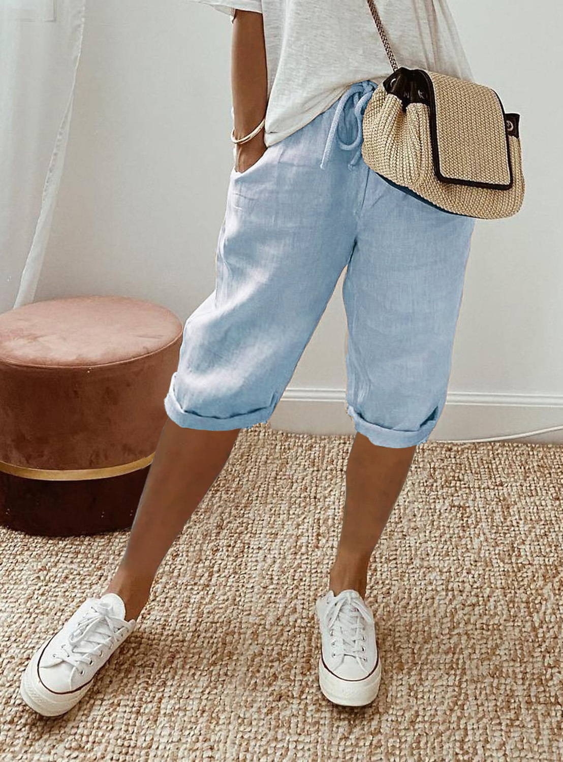 Women's Cotton Linen Casual Pants With Pockets Elastic Waist Five Point Khaki Style_ecoleips.com