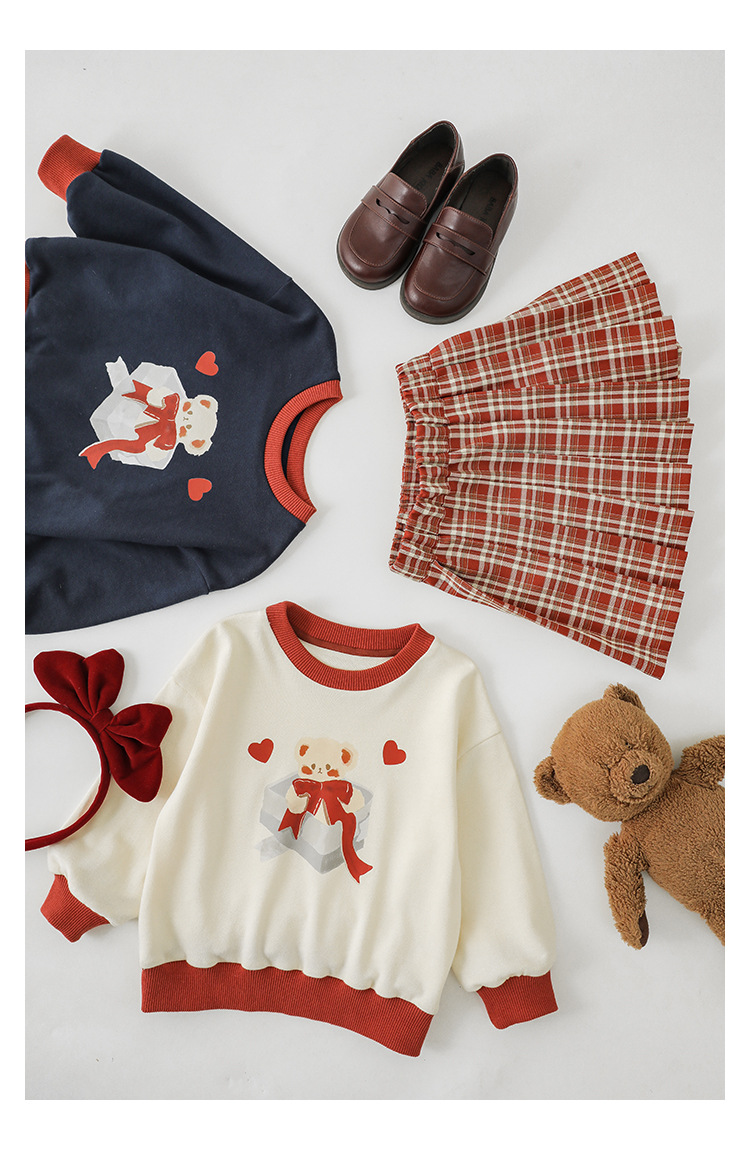 Qiu Duomeng Girls' Cartoon Little Bear Sweater Checkered Set 2024 New Spring and Autumn Children's Top Half Skirt_voghion.com
