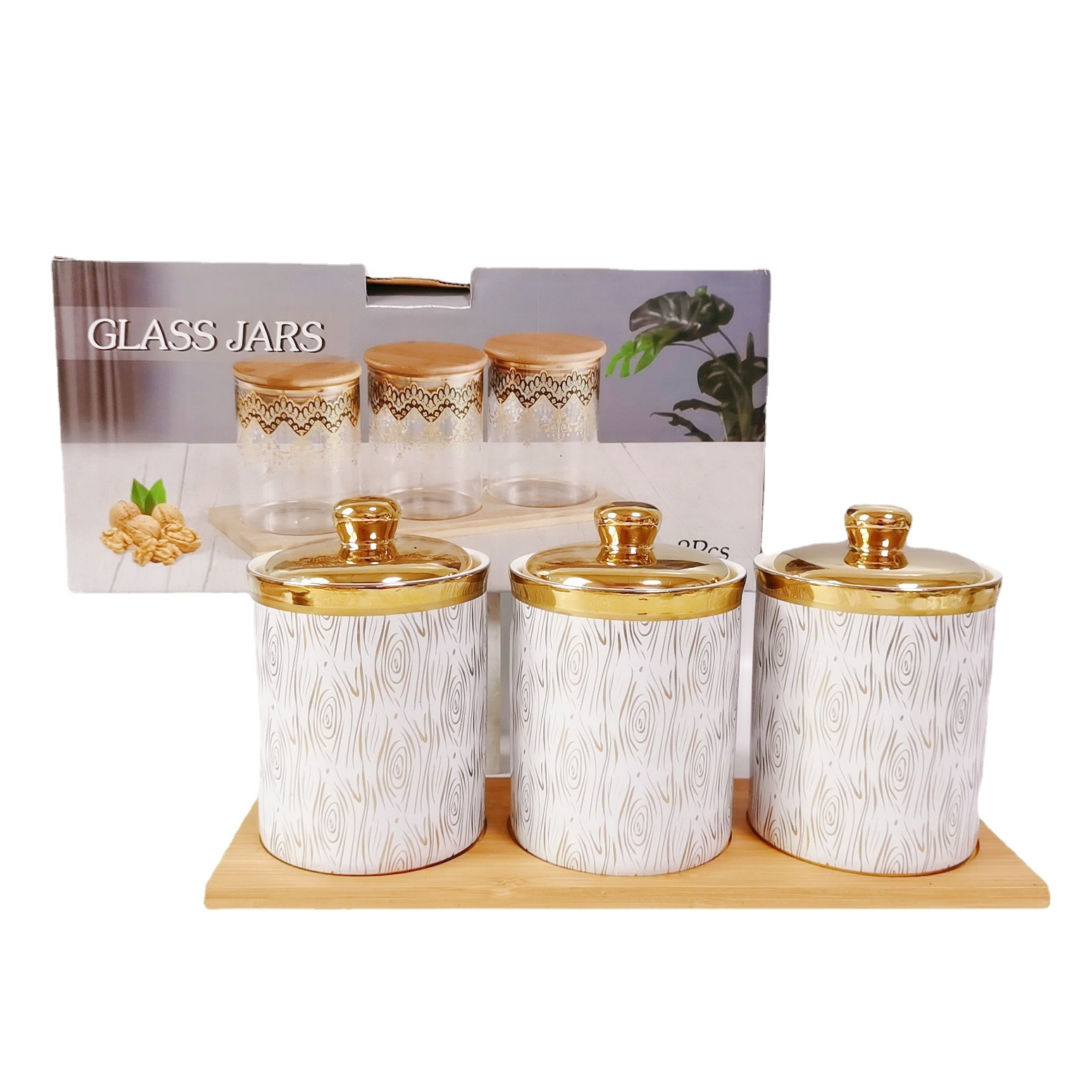 Exportación de Oriente Medio exportación de cerámica galvanoplastia sellado tarro traje cocina almacenamiento tarro 3-cabeza condimento botella café té tarro