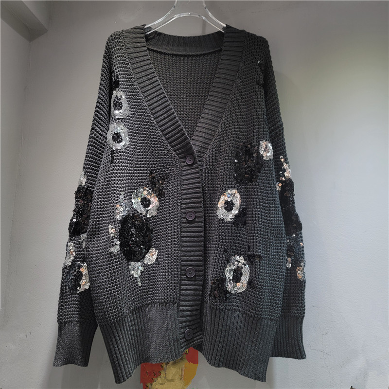 Diseño único de lentejas, cuerpo hermoso y pesado, diseño de flores, chaqueta de punto, cardigan para mujeres.