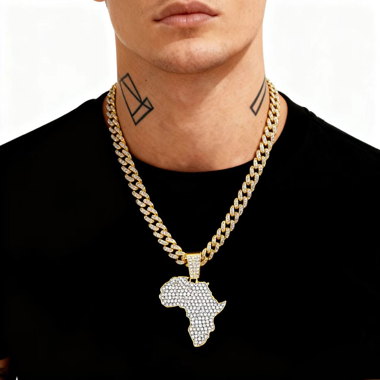 Collar con colgante de mapa con diamantes personalizado, cadena cubana, estilo hip-hop europeo y americano, moderno y genial, cadena para la clavícula, accesorio.