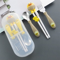 Cartoon cute little yellow duck children's training fork spoon chopsticks three-piece set baby feeding complementary food spoon practice chopsticks