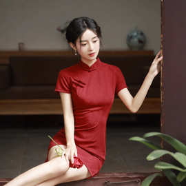 红色旗袍年新款复古气质年轻款小个子短款少女改良版连衣裙女