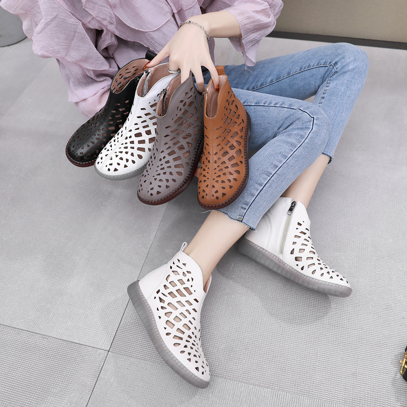 22 Summer Hollow Hole Shoes Women's Flat Heel Roman Sandals Middle-aged Cowhide Ethnic Round Toe Retro Large Size Leather Sandals