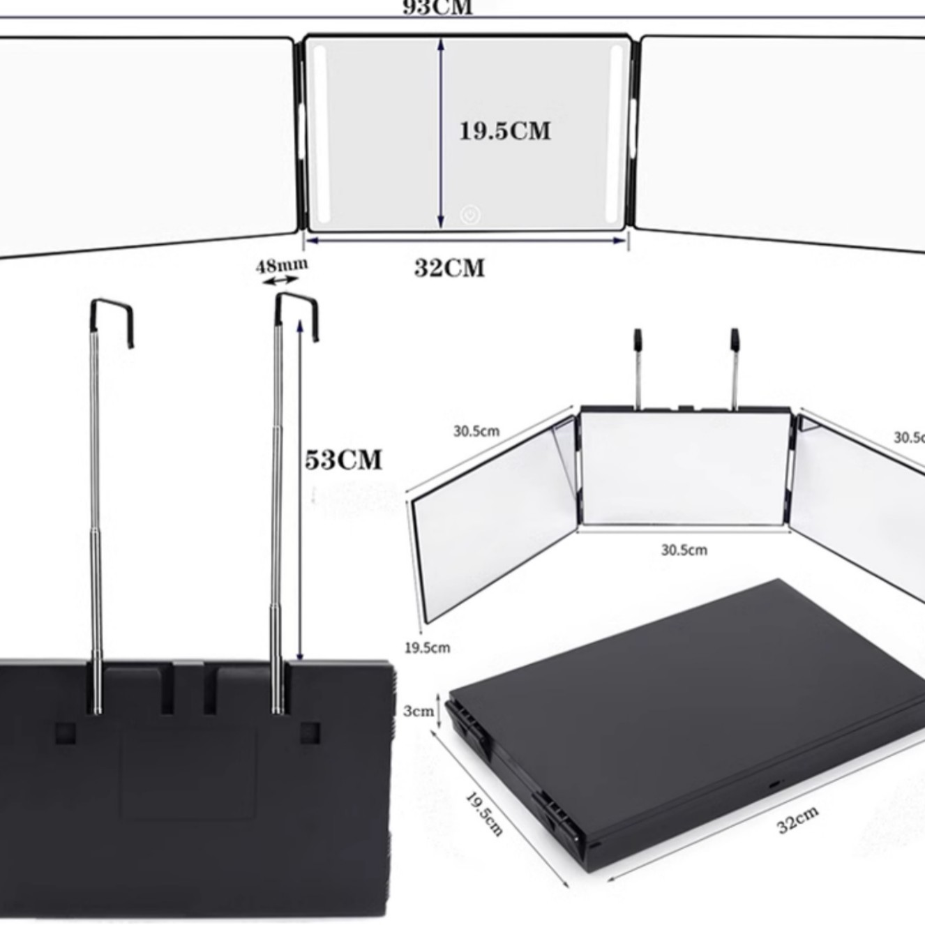 Espejo de tres lados para ver la parte posterior de la cabeza al aire libre cabello de maquillaje auto-tinción de cabello de corte de pelo espejo retrovisor soporte artefacto lámpara plegable