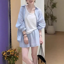 韩系条纹衬衫+背心短裤三件套女2025夏季新宽松显瘦休闲防晒套装