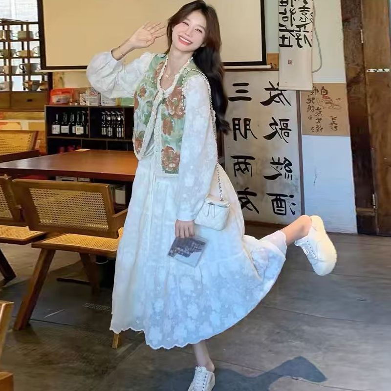提花马甲刺绣连衣裙两件套2025春秋新款甜美减龄法式仙女套装裙子|undefined