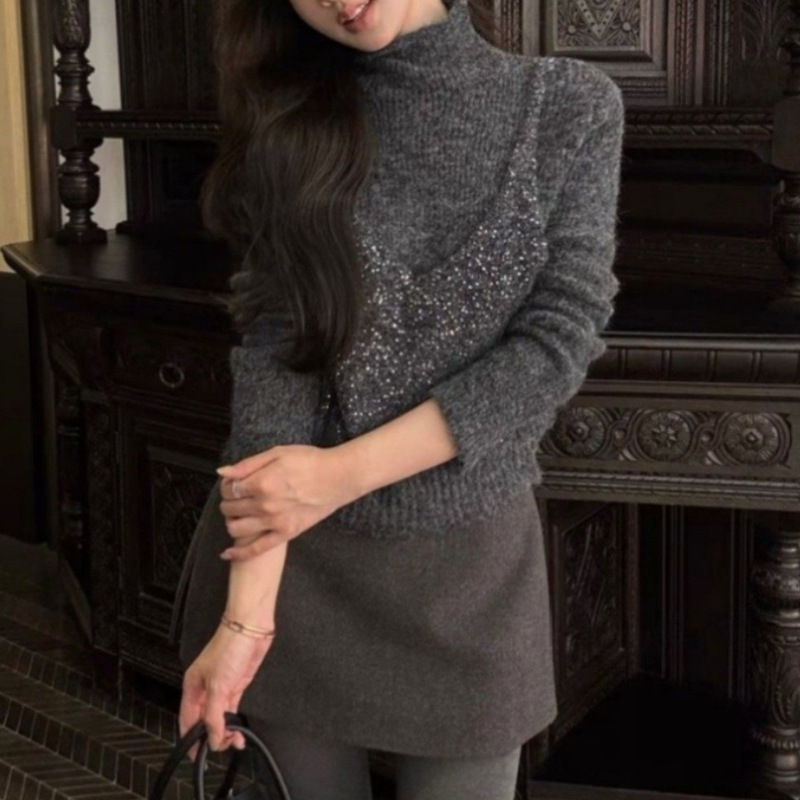 YS法式亮片假两件半高领毛衣女2025秋冬时尚百搭针织衫长袖上衣|undefined