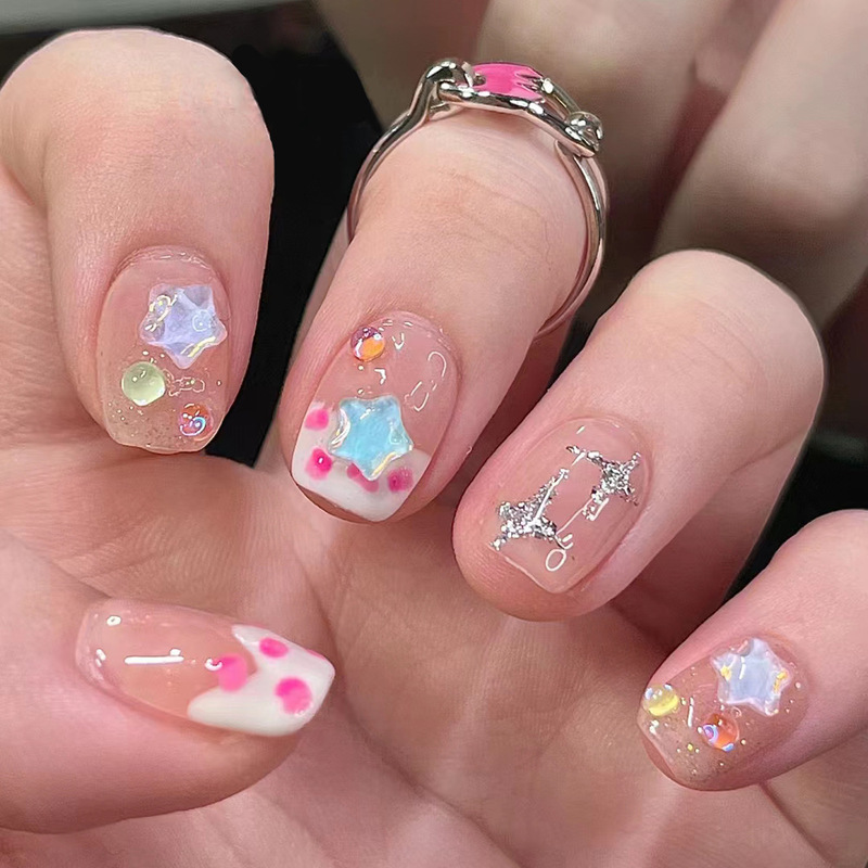 Sweet cute wearable nail stickers 30 pieces acrylic color star nail art pink polka dot French wear nail