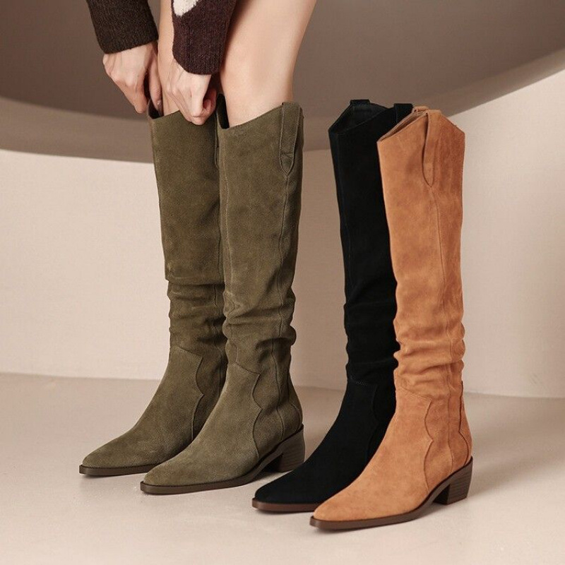 Brown denim retro high boots pointed-toe English style