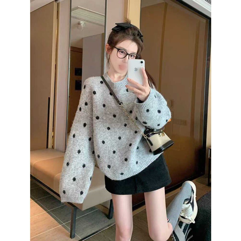 Christmas and New Year Red Polka Dot Pullover Sweater for Women, New Autumn and Winter Loose Casual Lazy Style Fashionable Knit Top