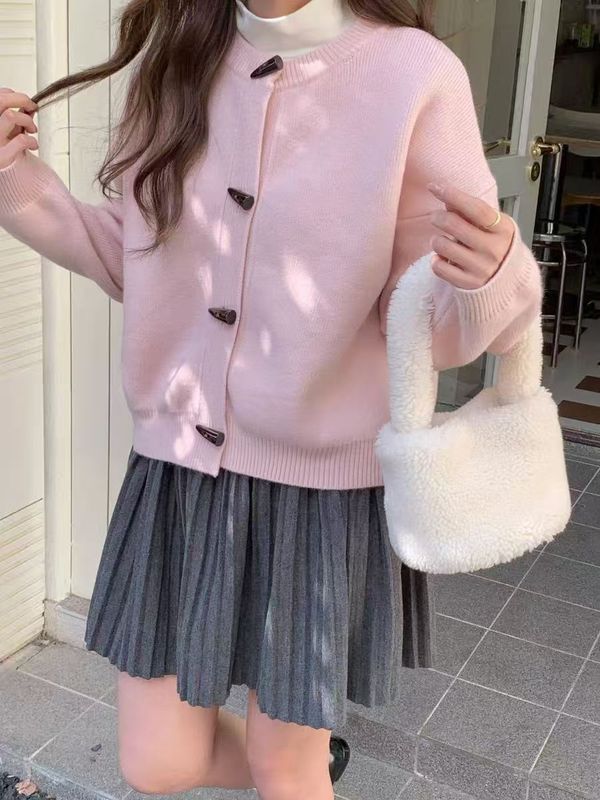 圆领牛角扣针织开衫女春秋季新款宽松百搭纯色设计感上衣长袖外套|undefined