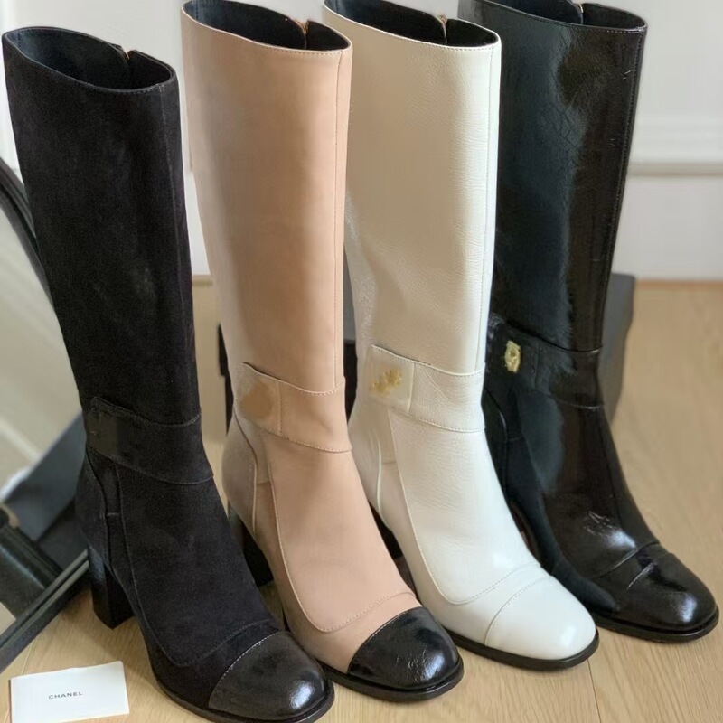 High-End 2024 New Chanel-Style Genuine Leather Wrinkled Cowhide Suede Thick-Heeled High-Heeled Knee-High Boots and Long Boots