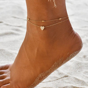European and American Cross-border Jewelry Summer Beach Double-layer Ball-bead Chain Love Anklet AliExpress Hot Peach Heart Anklet