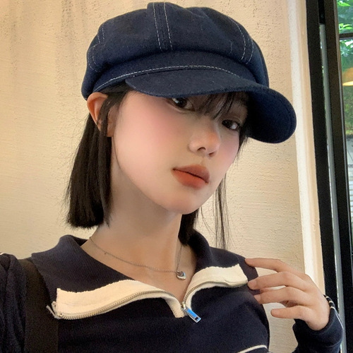 Blue Denim Beret Women's Spring and Autumn Style Japanese Retro Large Brim Blossom Painter Hat Slim Face Small Octagon Hat