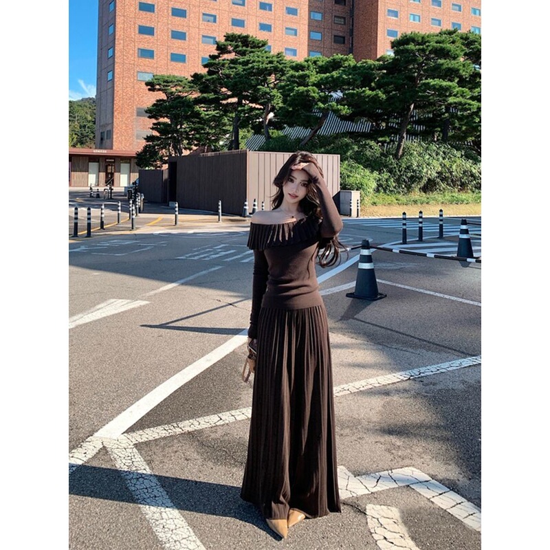 气质名媛一字肩时尚套装女秋冬新款韩版显瘦休闲褶皱阔腿裤两件套|undefined