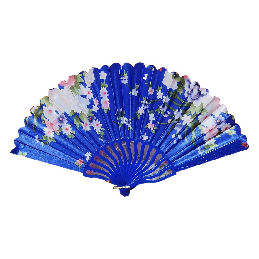 Verano nuevo satén curvado cuchillo hueco de plástico flor varilla paño ventilador decoración fácil de llevar exquisito 8 pulgadas belleza ventilador