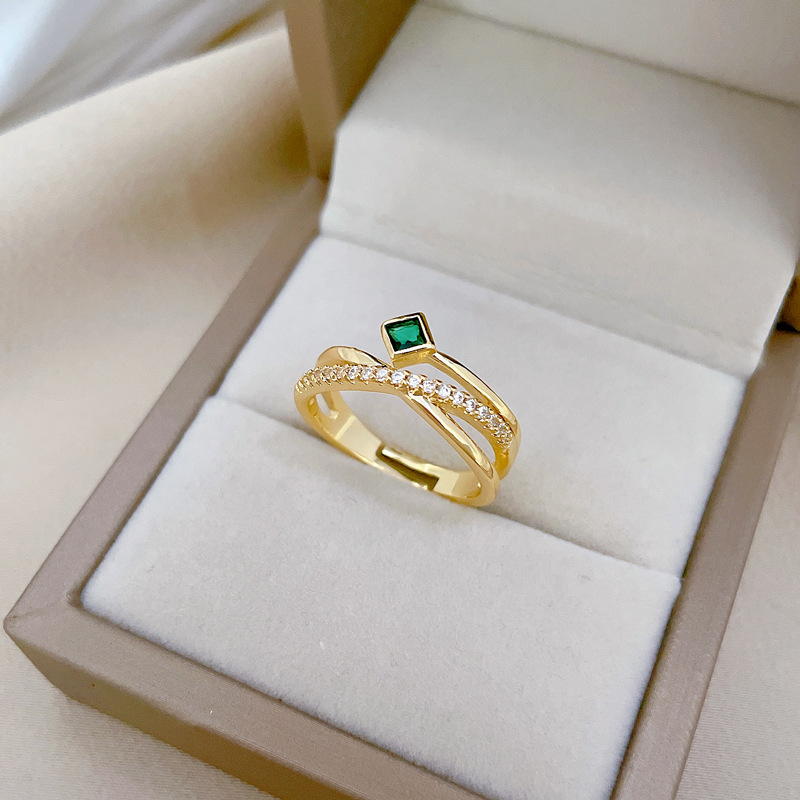 Anello a croce verde con diamanti incastonati, apertura regolabile, gioiello semplice giapponese, anello per coppie_voghion.com