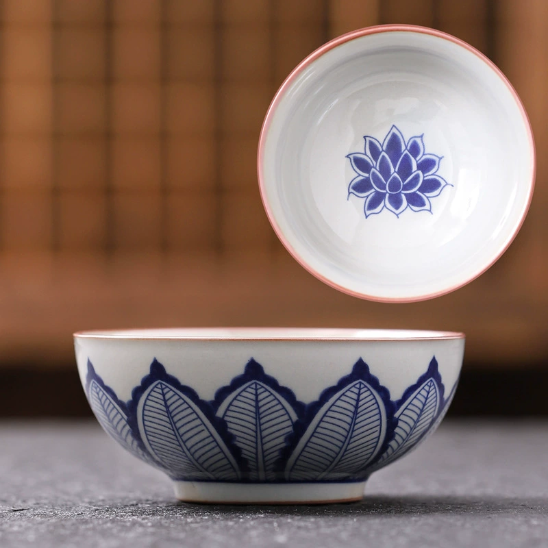 Retro antique blue and white ceramic tea cup, clay