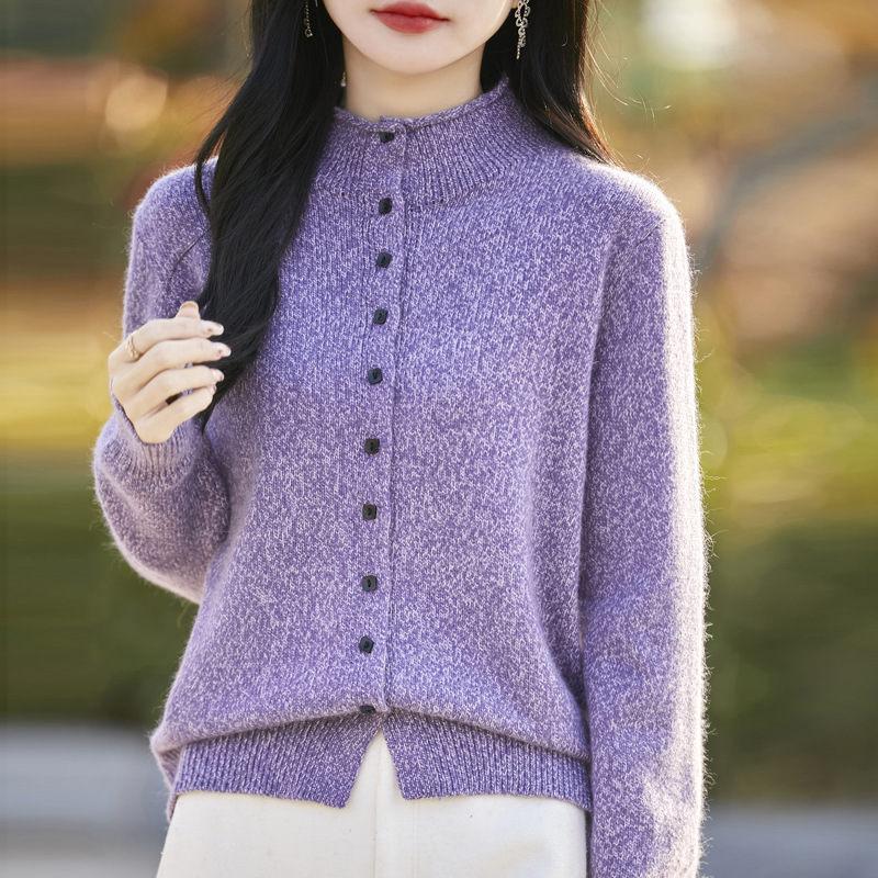 Autumn and Winter New Arrival Worsted Wool Knitted Cardigan Women's Collar Roll-up Loose Sweater Fashion Stylish Florine Jacket