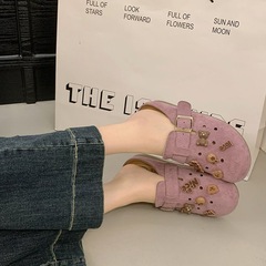 小衆レトロな包頭スリッパの女性2025春夏の新型の厚い底の半包のベーケンの靴の女性の外は半引きの穴の靴を着ます。
