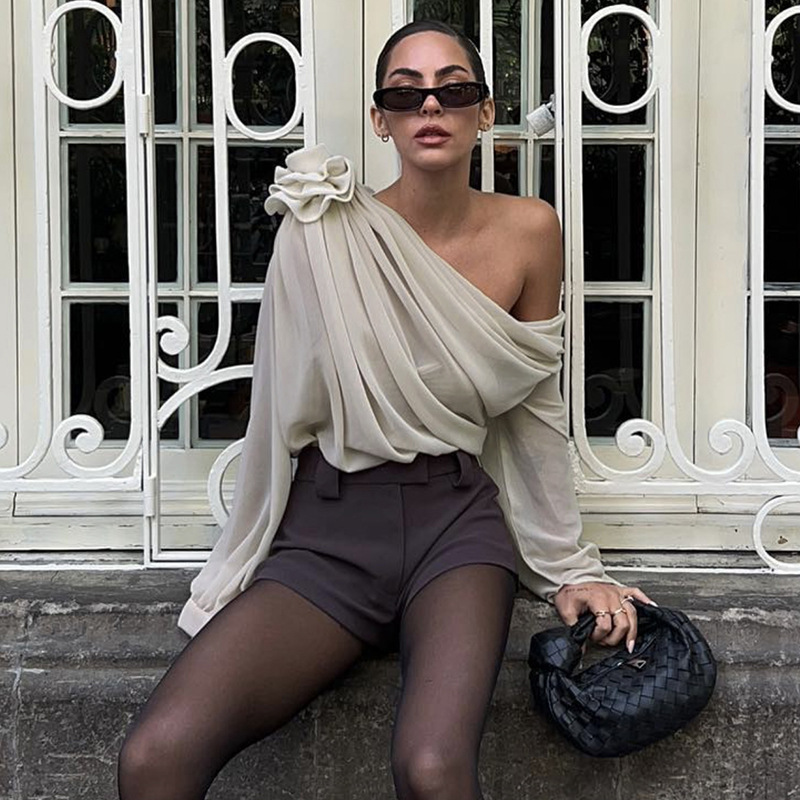 2023 winter new women's fashion long sleeve sexy off-shoulder perspective flower design T-shirt AliExpress wholesale