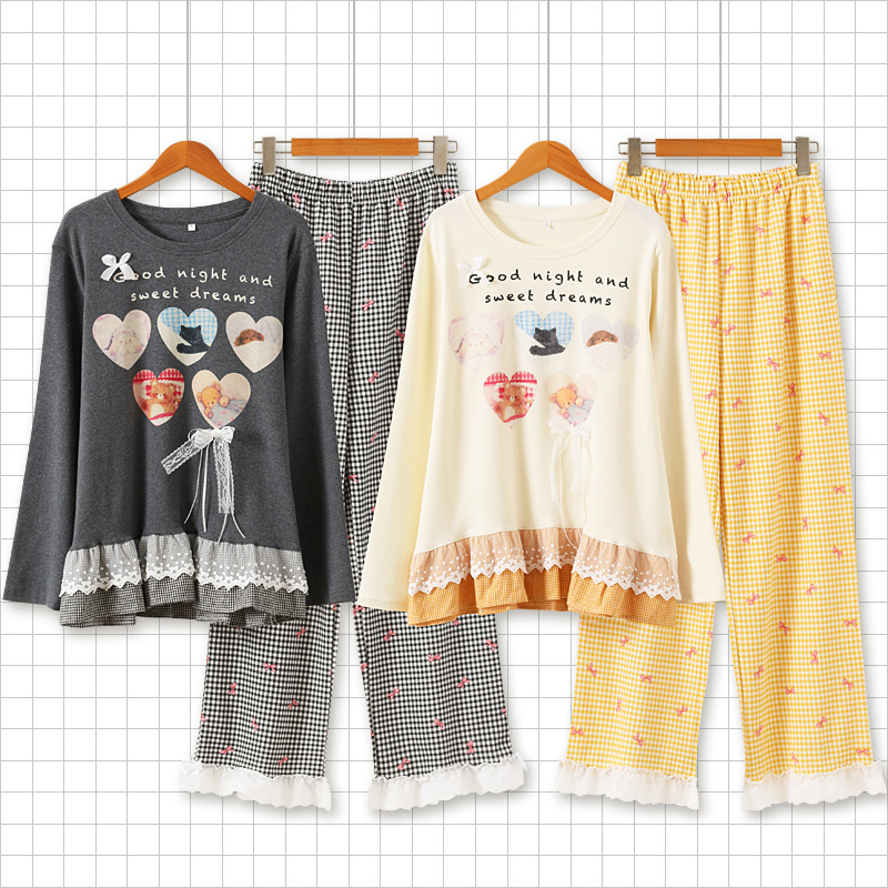 Autumn and Winter New Cute Cartoon Nap Animal Long-Sleeved Pants Loose Lace Home Clothes Suit Can Be Worn Outside for Women