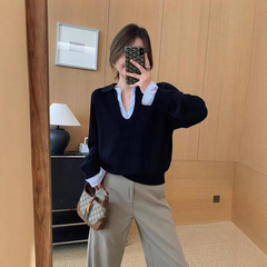 松弛感时髦撞色假两件拼接条纹针织衫女秋冬季设计感宽松V领上衣