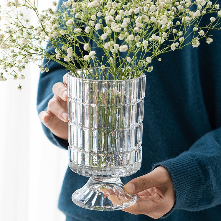 Zeyan Retro Engraved High-Stem Glass Vase, Light Luxury Crystal French Transparent Water-Self-Cultivating Lily Flower Vase