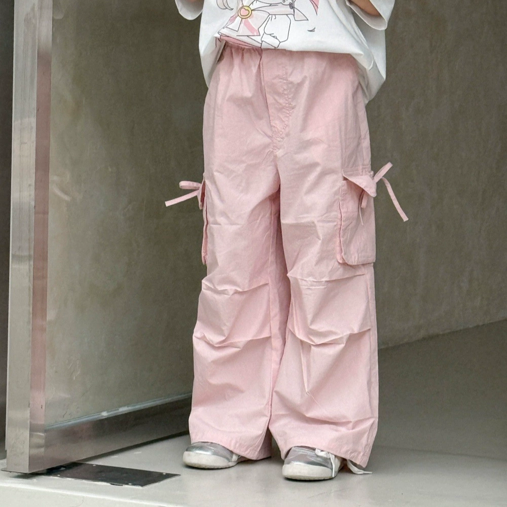 Брюки-карго на шнурке для девочек, новая летняя детская одежда, стильные модные повседневные длинные брюки с высокой талией и широкими штанинами.