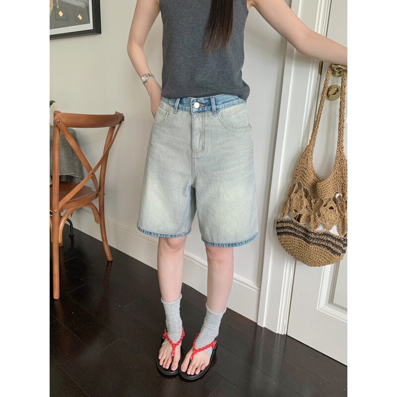 Gagd Vintage Blue Washed Distressed Jeans for Women, Double-Sided Heavy-Duty Straight Wide-Leg Shorts Casual Pants Gagd Vintage Blue Washed Distressed Jeans for Women, Double-Sided Heavy-Duty Straight Wide-Leg Shorts Casual Pants
