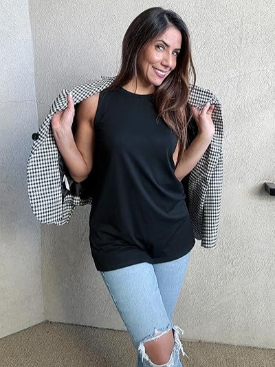 Transfronterizo 2024 nuevo estilo comercio exterior europeo y americano casual imitación algodón suelto color sólido chaleco sin mangas cuello redondo apertura lateral top femenino image 3