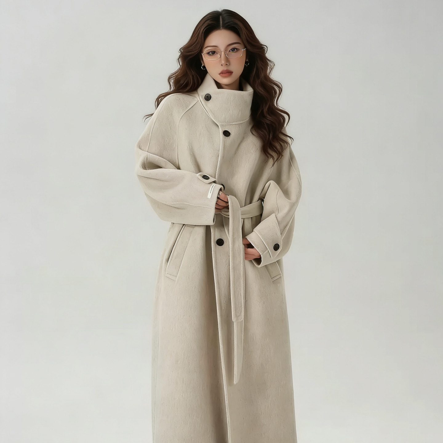 [Taozhiqixue] Temperament Stand-Up Collar Long Double-Sided Woolen Outwear Woolen Outwear Autumn and Winter New Style for Women