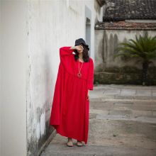 砂洗棉麻气质方领大摆连衣裙女 大袍子四色