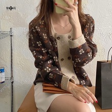 韓國chic雙排扣撞色提花針織開衫女春季2022韓版寬松長袖毛衣外套