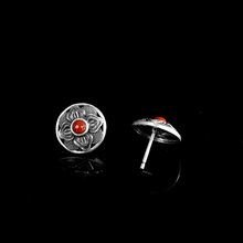 人品银品泰银复古做旧耳饰S925银饰品女式圆形南红耳钉